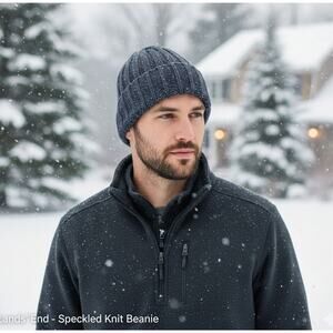 Lands End Beanie Hat Blue Speckled Marled Knit Cuff Winter Ski Unisex Headwear